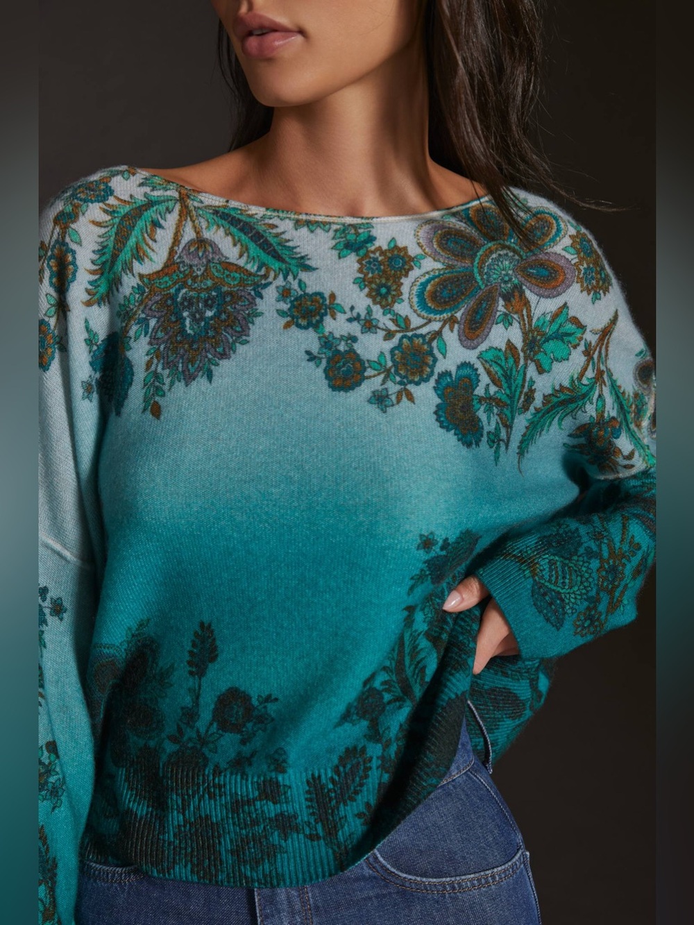Anthropologie Pilcro Lani Cashmere Sweater XS Teal Ombre Floral Paisley Boho